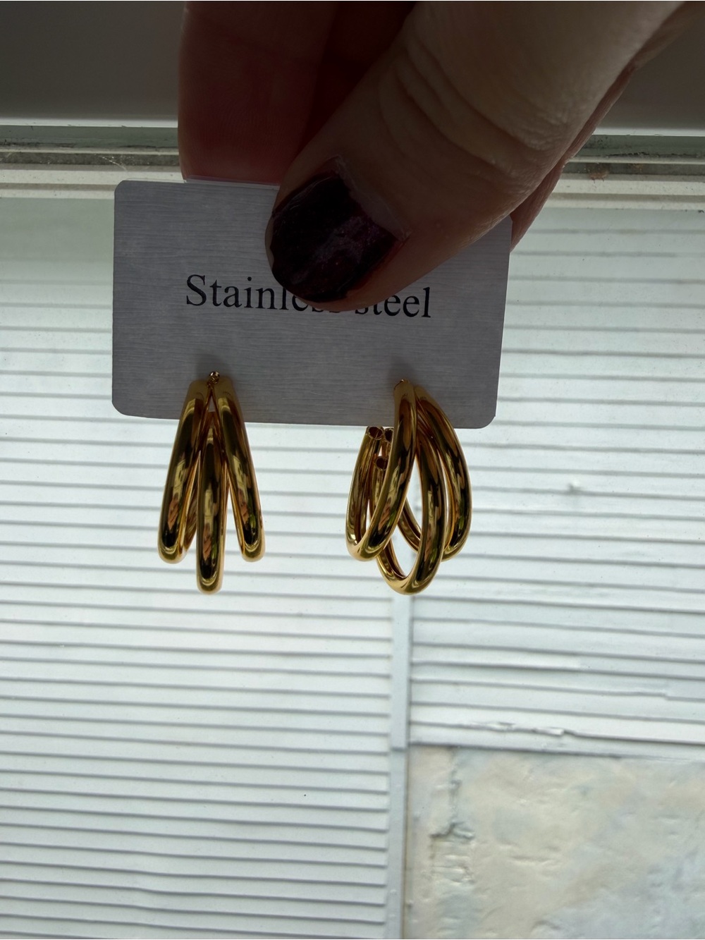 Gold Triple-Loop Hoop Earrings for Women - Polished Gold Finish - Picture 3 of 5